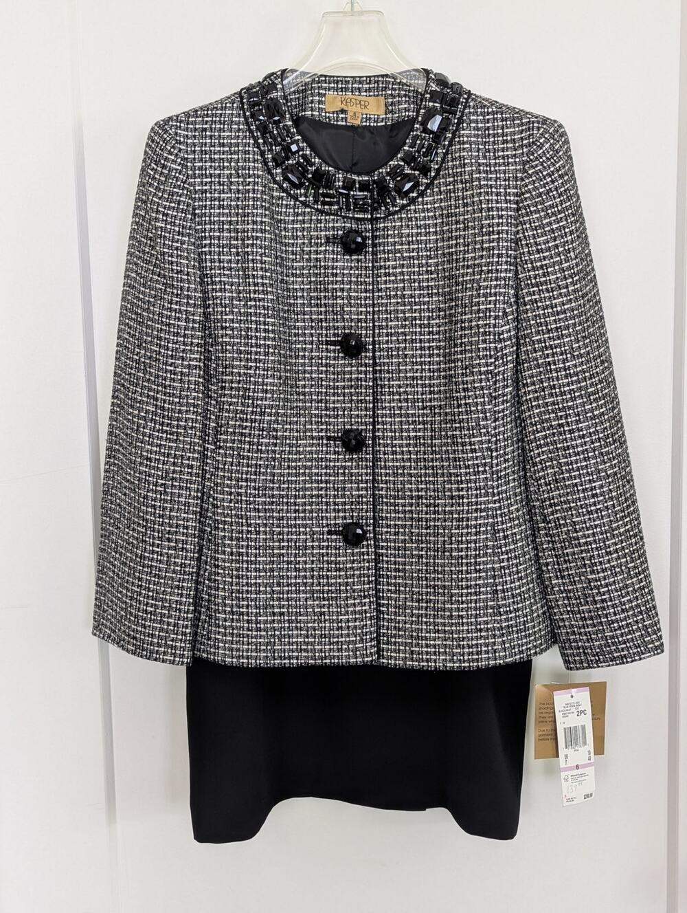 Kasper Skirt Suit Set NWT 6 Black White Tweed Embellished Jewel Neck Pencil